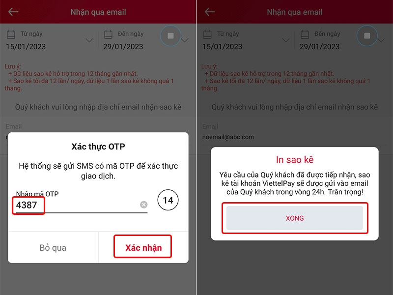 Cách nhận sao kê giao dịch trên ứng dụng Viettel Money bằng email