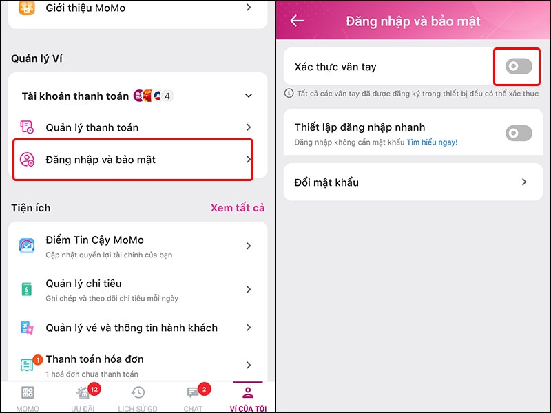 Hướng dẫn kích hoạt tính năng xác thực vân tay trên Momo