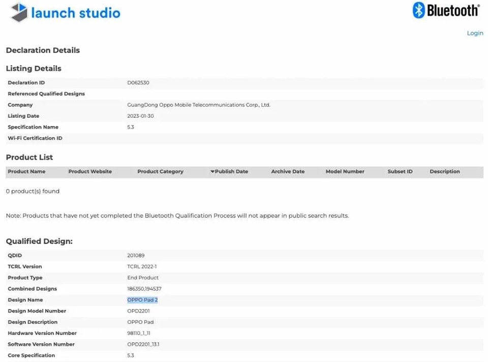 OPPO Pad 2 đạt chứng nhận Bluetooth SIG