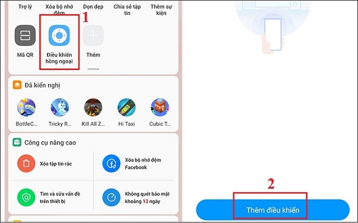Chọn Thêm thiết bị trong chức năng Điều khiển hồng ngoại