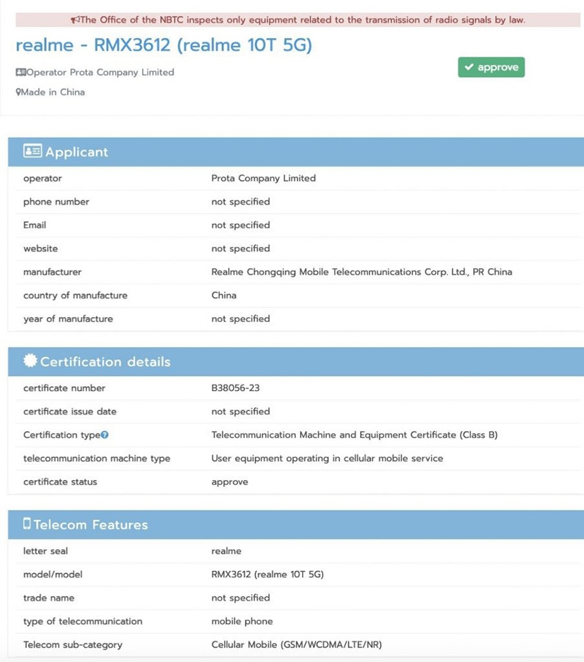 Realme 10T 5G đạt chứng nhận NBTC