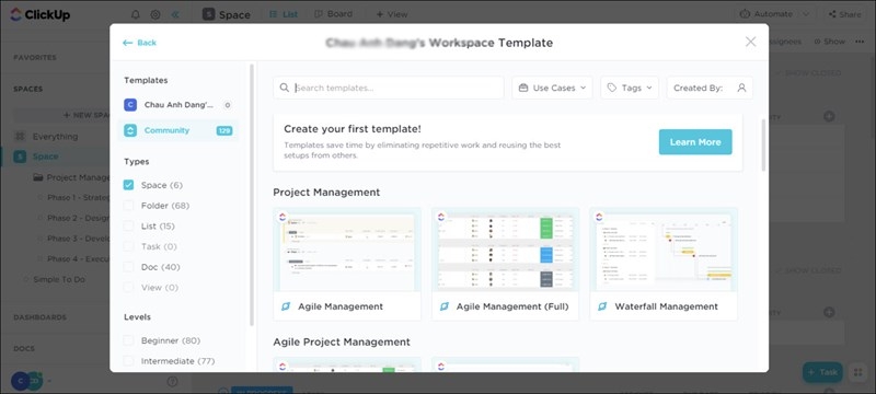 Tạo mới workspace với template có sẵn thông minh