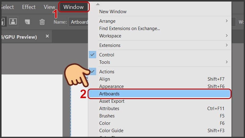 Người dùng chọn Window và chọn Artboard