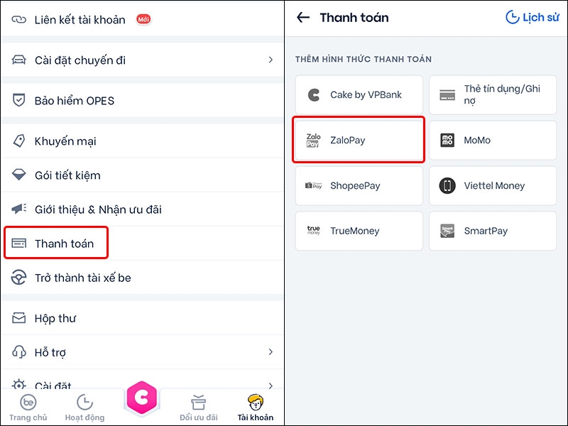 Cách liên kết tài khoản Be với ví ZaloPay