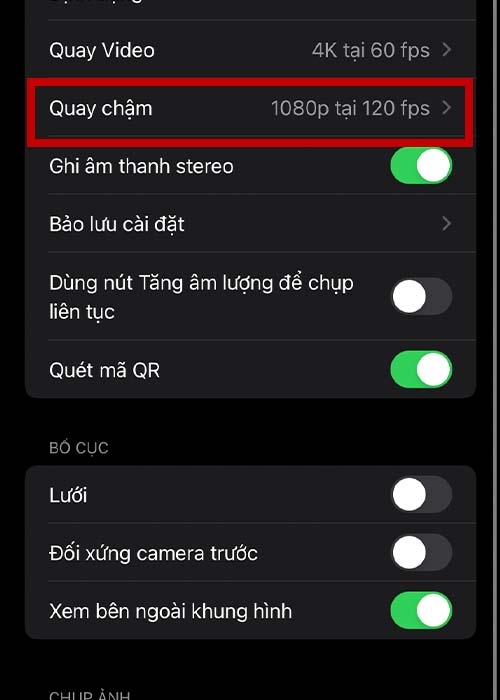 Chọn tùy chọn Quay chậm trong cài đặt camera