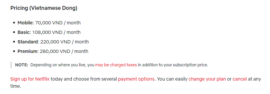 Giá cước Netflix ở Việt Nam
