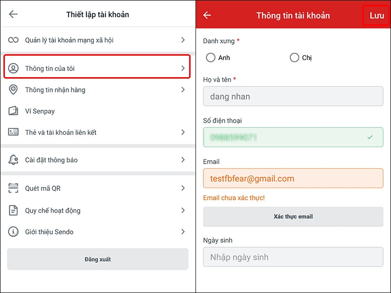 Cách xác thực địa chỉ Email trên ứng dụng Sendo