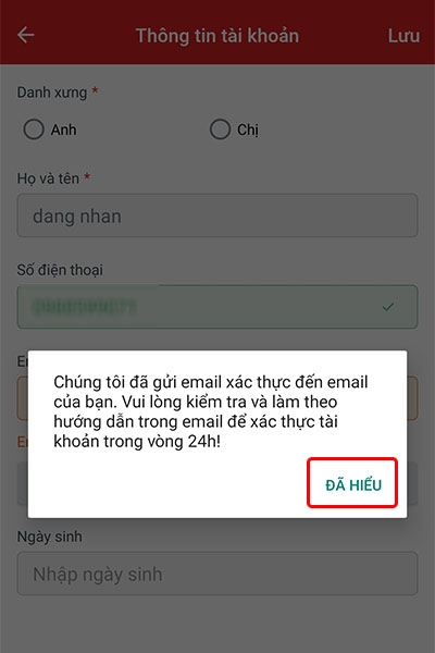 Cách xác thực địa chỉ Email trên ứng dụng Sendo