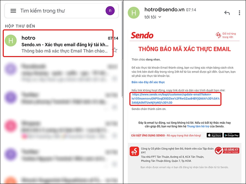 Cách xác thực địa chỉ Email trên ứng dụng Sendo