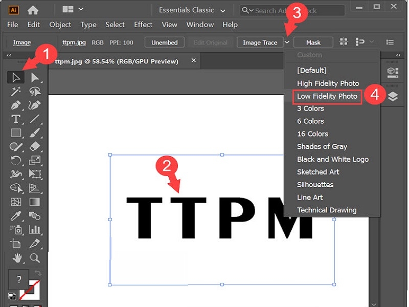 Chuyển chữ thành vector trong AI với Image Trace (Bước 2)