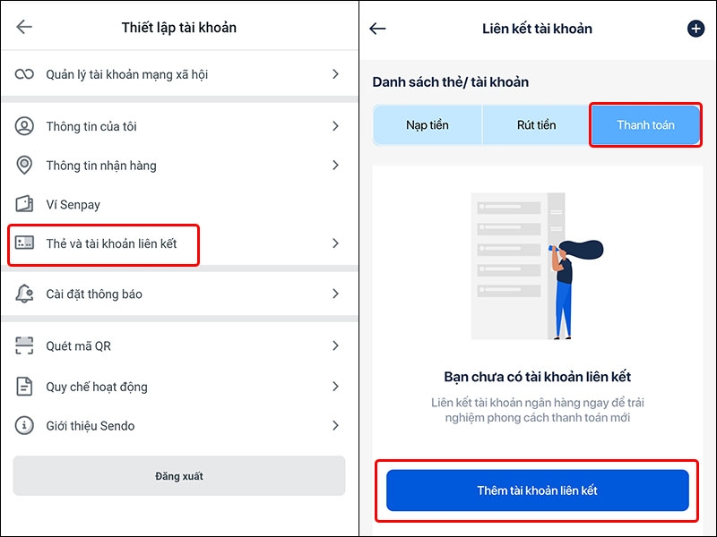 Cách liên kết tài khoản ngân hàng với ứng dụng Sendo