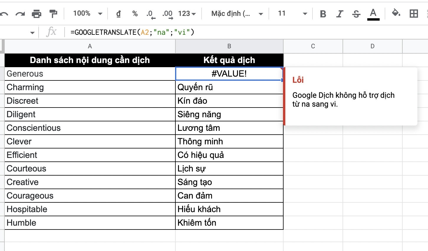 Cách phiên dịch bằng Google Trang tính 5