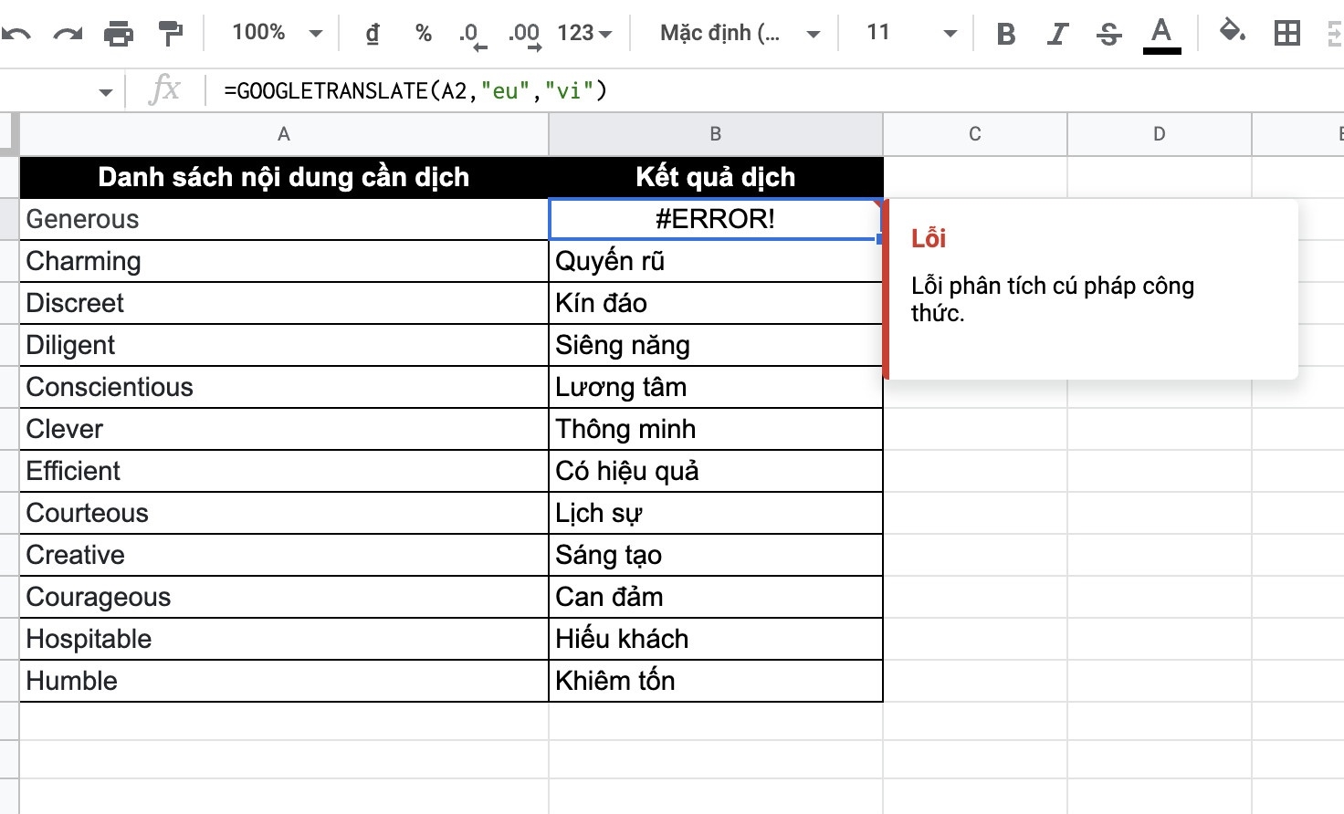 Mẹo sử dụng hàm Google Translate trong Google Trang tính