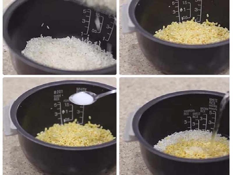 Cho nếp và đậu xanh vào nồi cùng gia vị rồi đổ nước