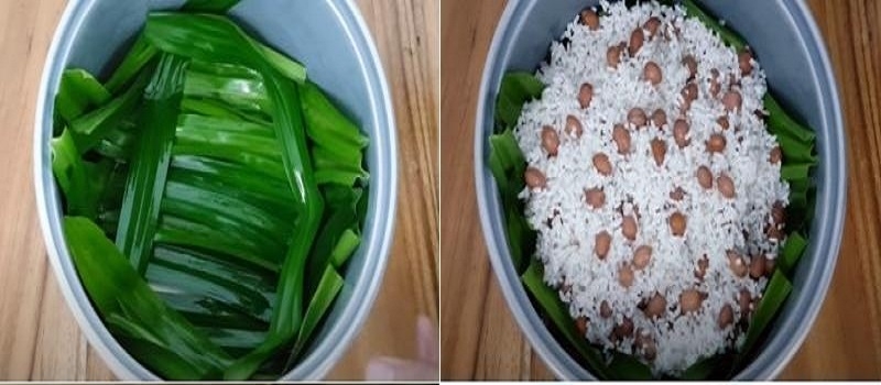 Cho nếp và đậu phộng vào nồi cơm điện để nấu