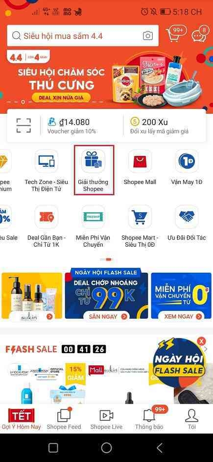 Chọn mục giải thưởng shopee
