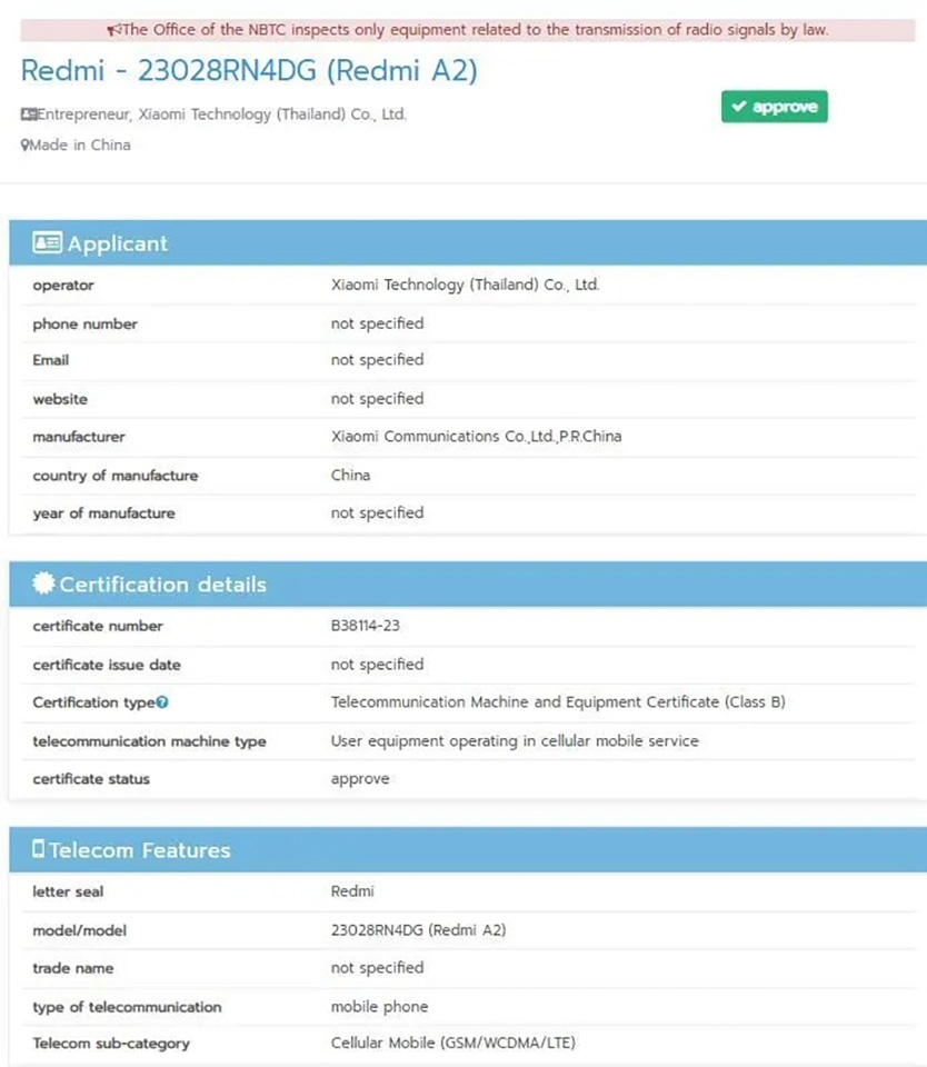Redmi A2 đạt chứng nhận NBTC (ảnh 1)