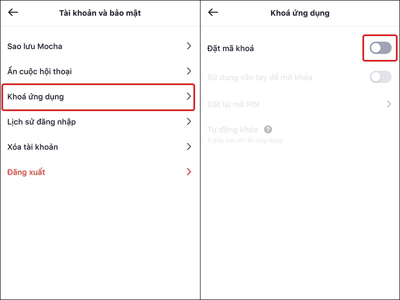Cách đặt mã khóa ứng dụng Mocha trên điện thoại