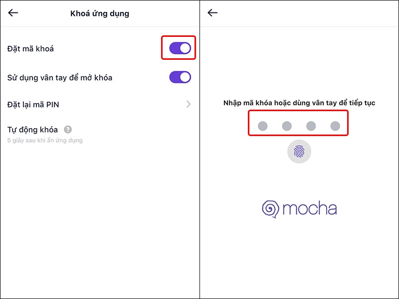 Cách đặt mã khóa ứng dụng Mocha trên điện thoại