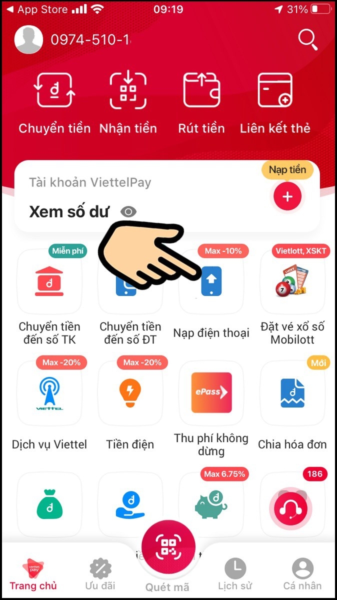 Chọn mục nạp điện thoại