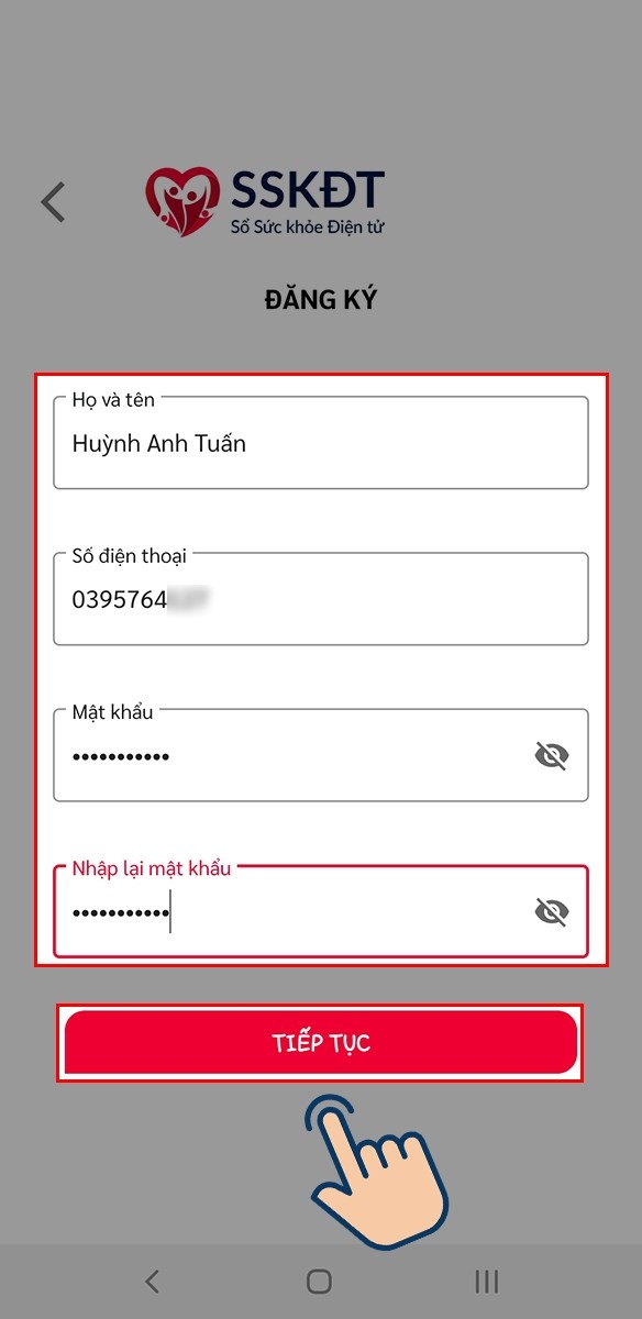 Nhấn Tiếp tục để đăng ký thông tin
