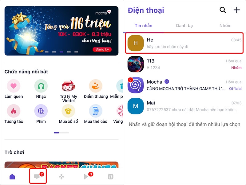 Hướng dẫn lưu tin nhắn trên ứng dụng Mocha