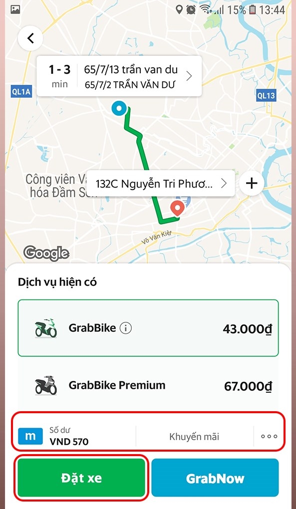 Tiến hành đặt xe