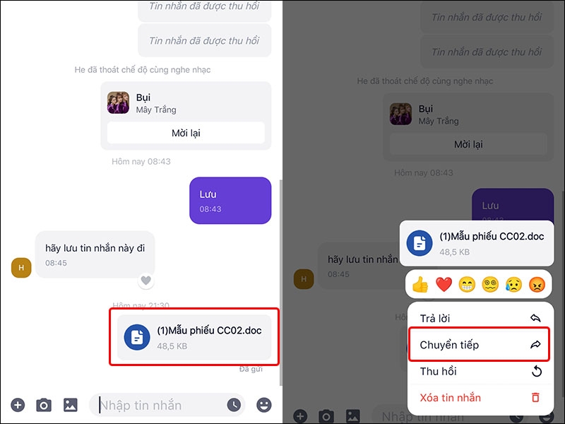 Hướng dẫn chuyển tiếp tệp tin từ Mocha sang Zalo