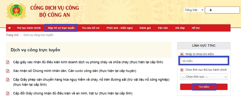 Tìm kiếm thủ tục làm hộ chiếu