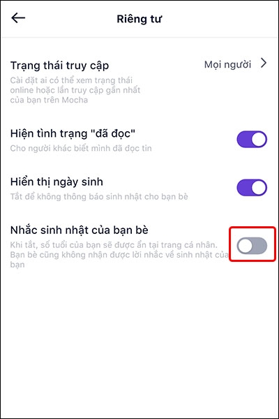 Hướng dẫn cách tắt thông báo sinh nhật trên Mocha