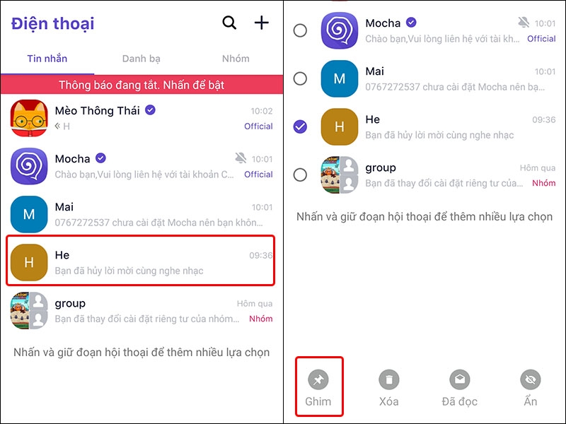 Hướng dẫn ghim và bỏ ghim tin nhắn quan trọng trong ứng dụng Mocha