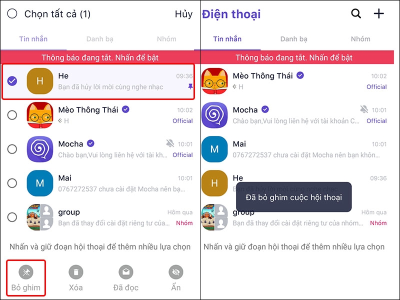 Hướng dẫn ghim và bỏ ghim tin nhắn quan trọng trong ứng dụng Mocha