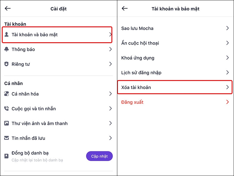 Hướng dẫn cách xóa tài khoản Mocha