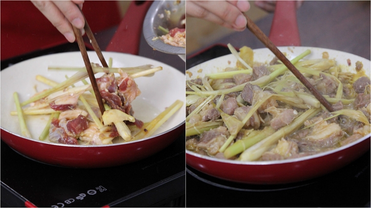 Cho phần thịt bò đã ướp vào chảo đảo đều đến khi săn lại