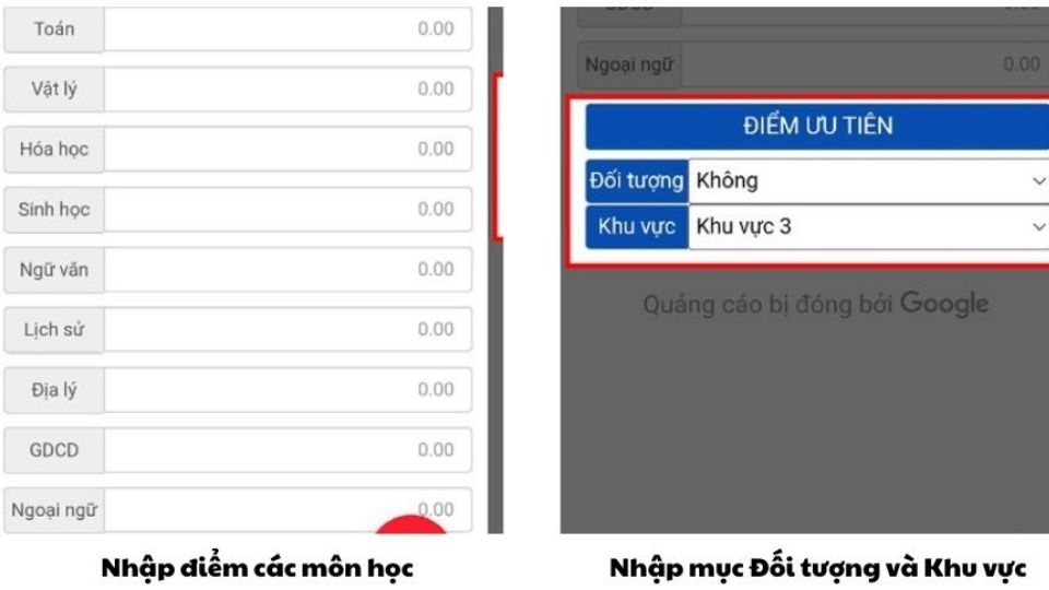 Nhập điểm các môn học xét tuyển, chọn đối tượng, khu vực ưu tiên