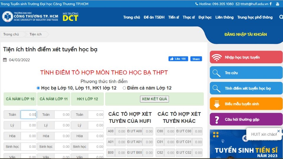 Trang tính điểm học bạ xét tuyển của trường đại học Công nghiệp Thực phẩm TP.HCM