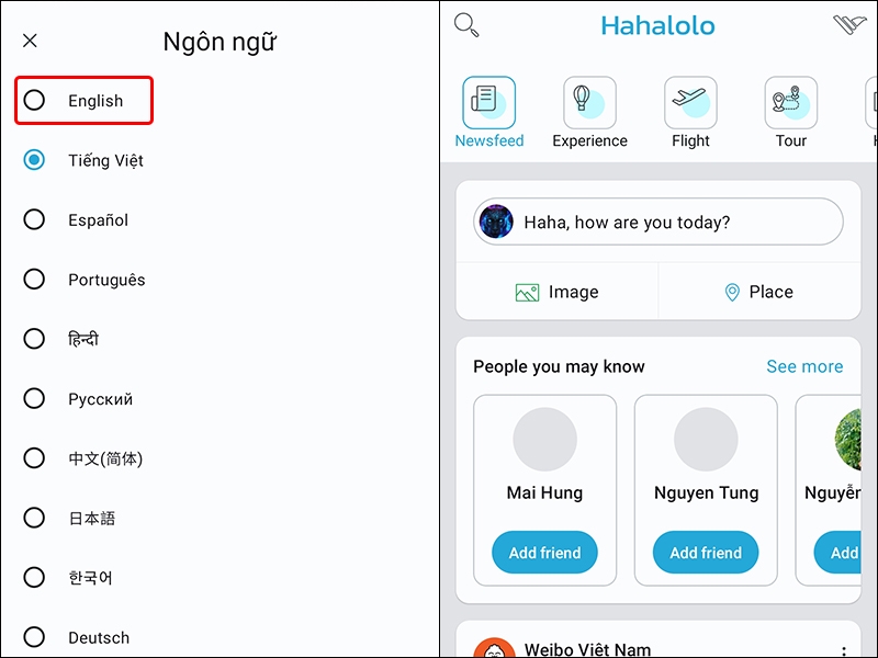 Cách thay đổi ngôn ngữ giao diện Hahalolo trên điện thoại