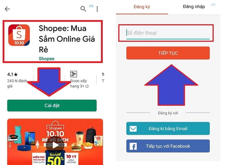 Tải ứng dụng Shopee và điền số điện thoại vào mục Đăng ký