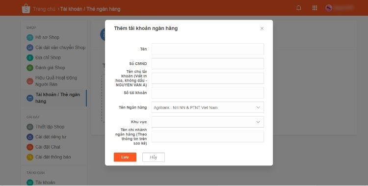 Thiết lập tài khoản ngân hàng