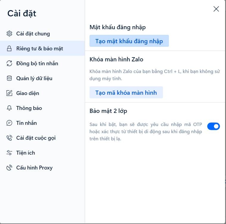 Cửa sổ mới hiện lên, chọn Riêng tư và bảo mật/ Tạo mật khẩu đăng nhập