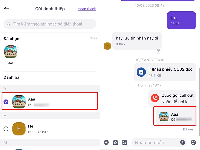 Cách chia sẻ liên hệ trên Mocha trên điện thoại