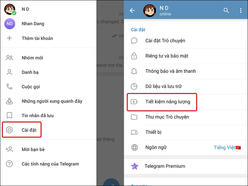 Cách sử dụng chế độ tiết kiệm năng lượng trong Telegram trên điện thoại Android