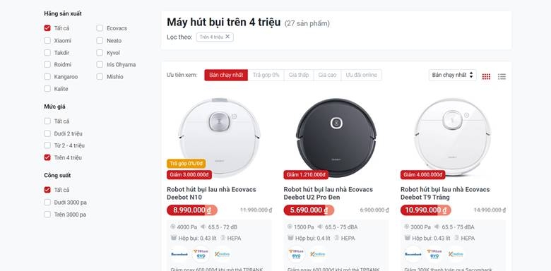 Các loại Robot hút bụi có giá hơn 4 triệu