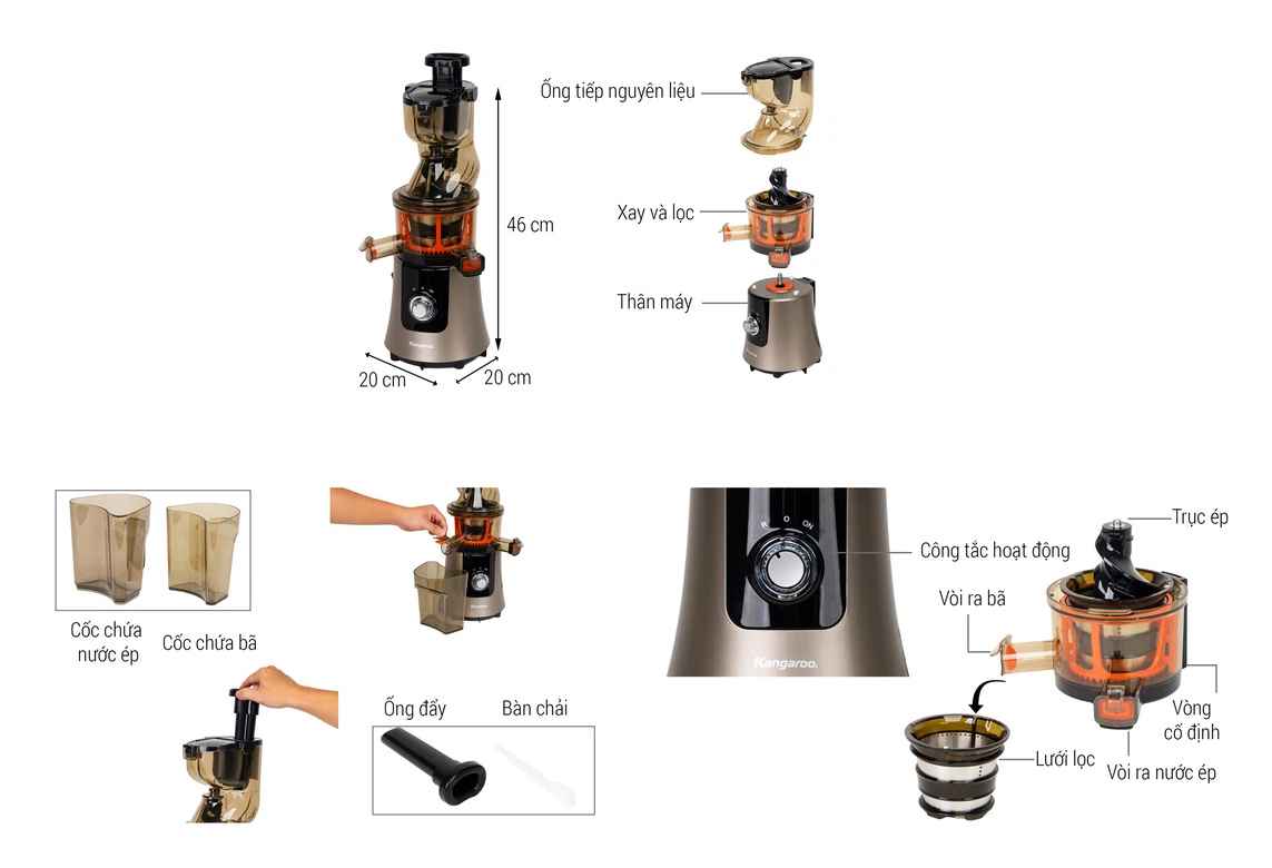 Hướng dẫn sử dụng máy ép chậm Kangaroo KG200SJF chi tiết