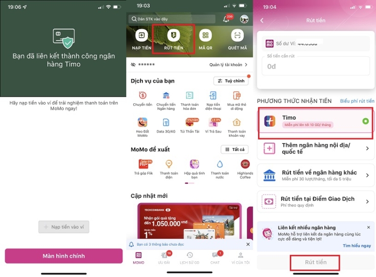 Nạp tiền vào thẻ ATM Timo thông qua ví Momo