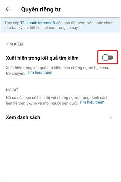 Cách chặn tìm kiếm tài khoản Skype trên điện thoại