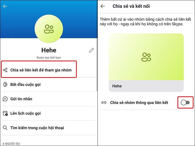 Cách bật chia sẻ nhóm Skype thông qua liên kết trên điện thoại