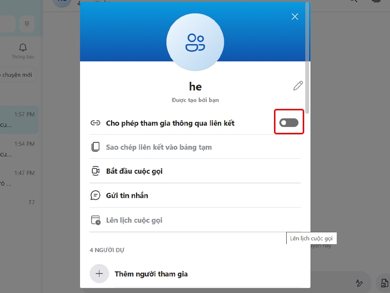 Cách bật chia sẻ nhóm Skype thông qua liên kết trên máy tính