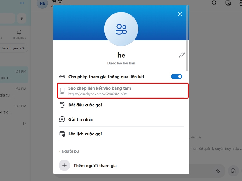Cách bật chia sẻ nhóm Skype thông qua liên kết trên máy tính