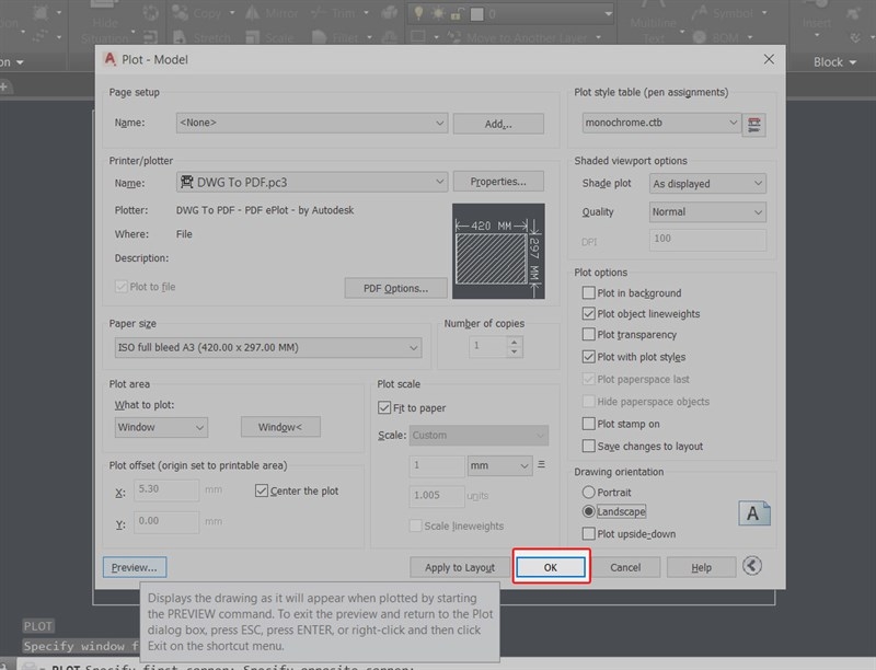 Xuất file CAD sang PDF bằng lệnh Plot (Bước 9)